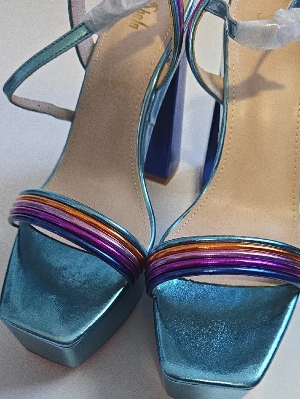 New SHEIN Teal Platform Sandals with Multicolor Metallic Straps